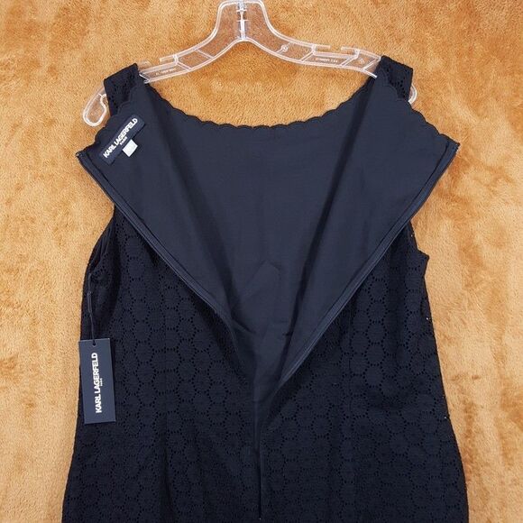 KARL LAGERFELD Sheath Dress Size 14 Black Sleeveless Lace Eyelet White Hem - Picture 4 of 9